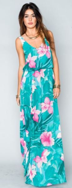 blue-green sleeveless dress with maxi Hawaii print and blue and white scoop neck