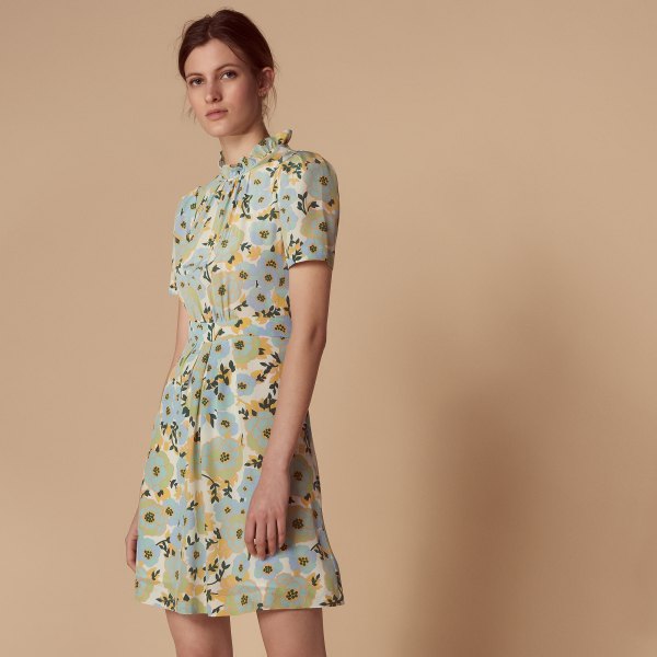 light green and light blue dress with floral pattern and false neckline