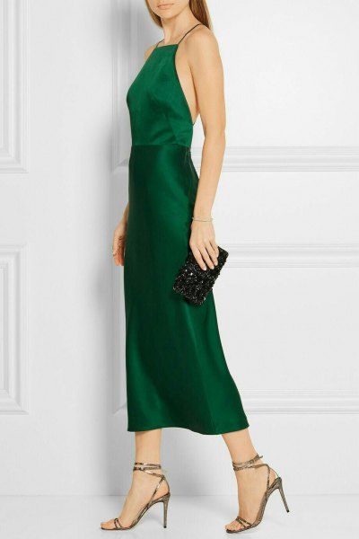 Fit and flare halter green silk dress with clutch wallet