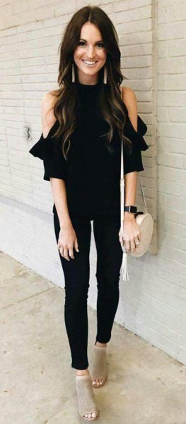 cold black shoulder blouse with narrow pants and gray short boots with open toe