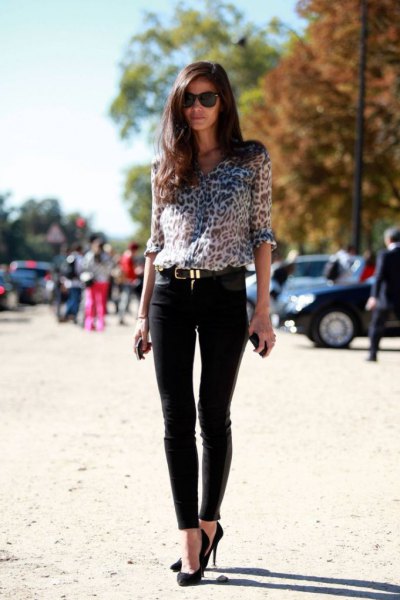 Leopard print blouse, slim dress pants and ballerinas