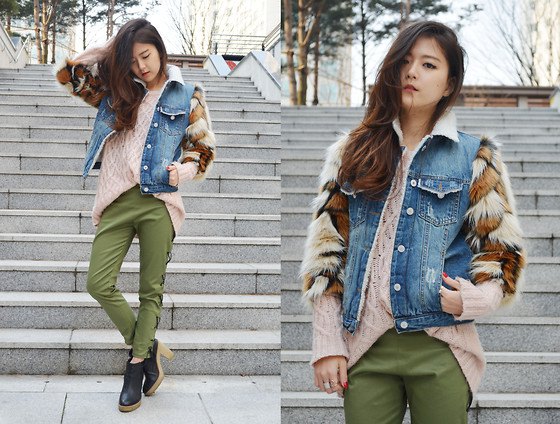 Jeans vest with fake fur sweater and green pants