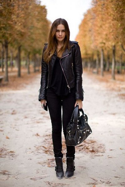 black leather jacket with matching skinny jeans and leather ankle boots