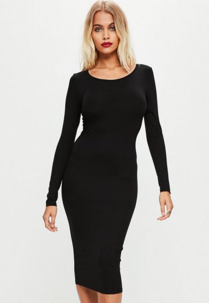 Black long-sleeved midi dress with a boat neckline and open toe heels