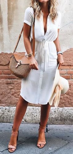 white midi summer dress with button placket and light pink open toe heels
