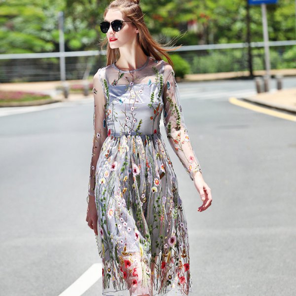 gray, long, see-through midi dress with floral pattern and flared midi dress