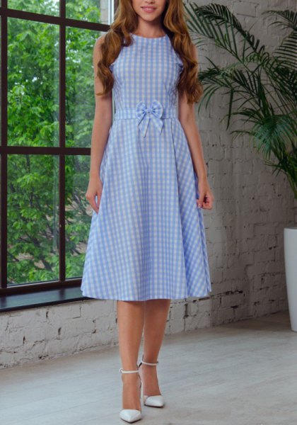 Light blue and white checked midi flare dress with waistband
