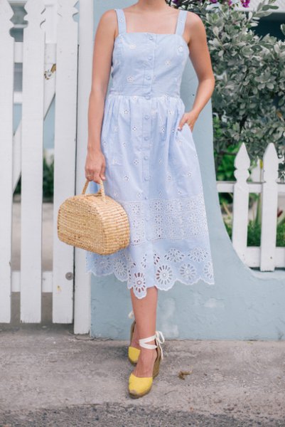 Sky blue lace midi dress with yellow heels