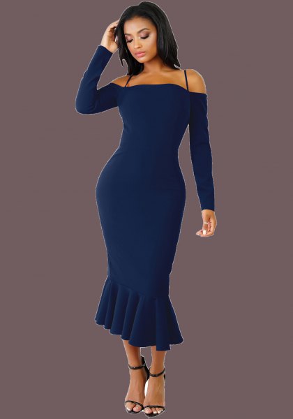 dark blue long-sleeved midi mermaid dress with a cold shoulder