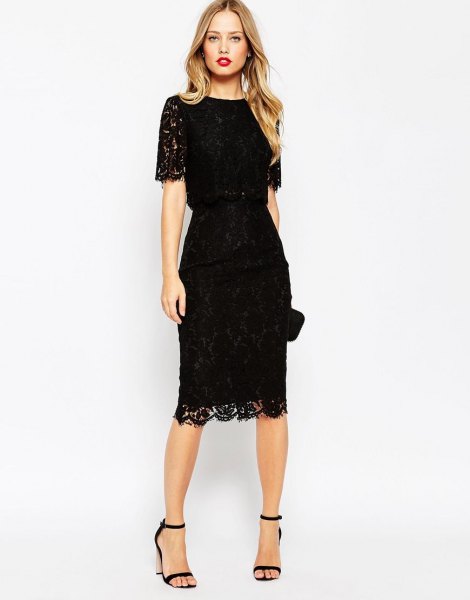 Lace midi dress with serrated edge and open toe heel