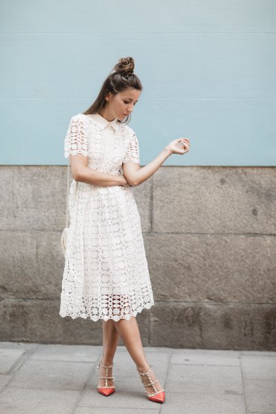 white lace midi dress with pointed sequins toe heels