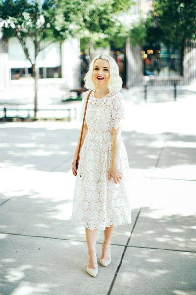 white midi lace dress with pointed toe heels