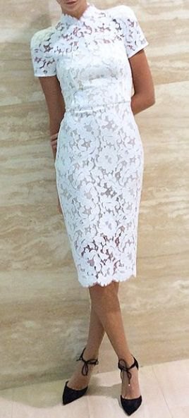 white, short-sleeved, figure-hugging lace midi dress with stand-up collar