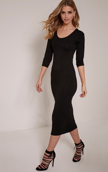 Bodycon midi dress with three-quarter scoop neck and open strappy heels