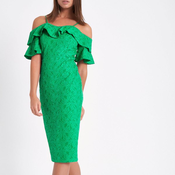 light green lace midi dress with frill neckline