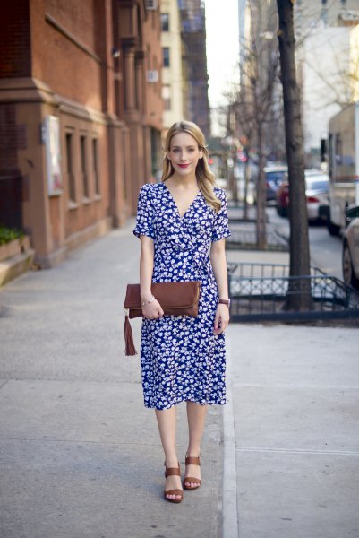 Navy and white midi dress with floral print and V-neck