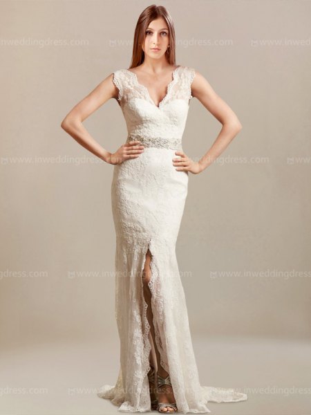 white fit with scalloped neckline and floor-length, highly split, flowing dress