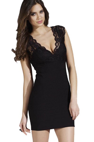 black form-fitting mini dress with deep V-neck and cap sleeves