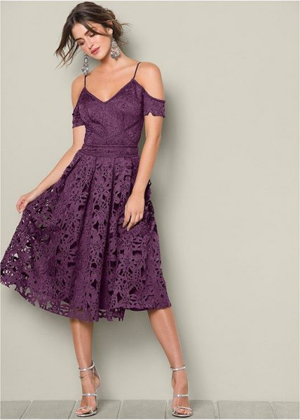 purple two-tone cold shoulder fit and flared midi lace dress