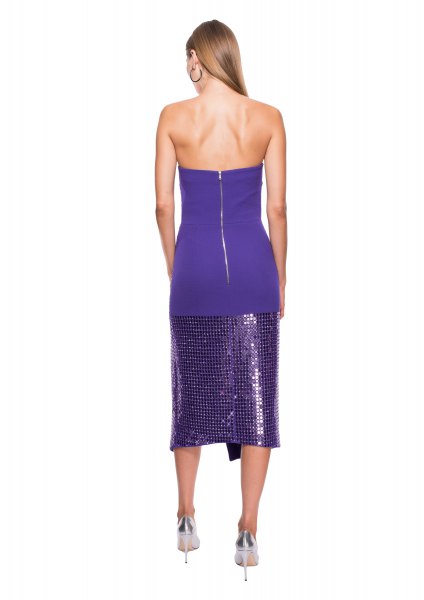 royal blue and purple midi sequin dress with metallic heels