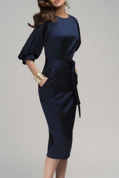 dark blue silk tie midi dress with half sleeves