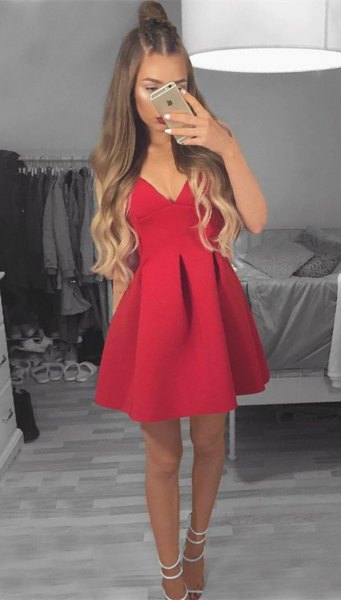 Fit and flare red mini dress with white strappy open toe heels