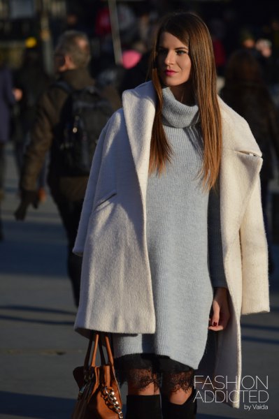 white wool coat with gray turtleneck sweater dress