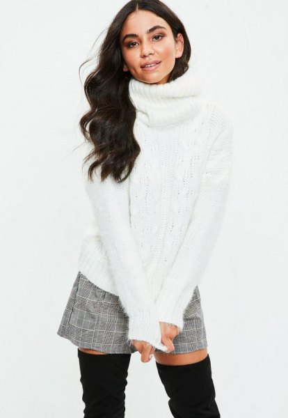 white turtleneck sweater with gray plaid and mini shorts