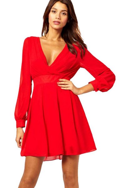 red long-sleeved mini dress with V-neck and flap