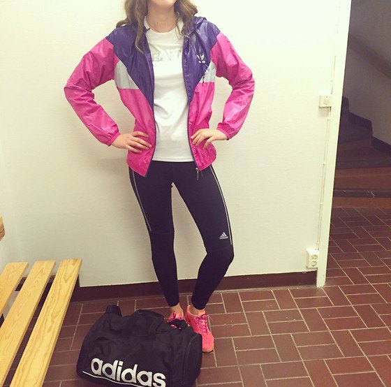Pink and Navy Color Block windbreaker with black running pants