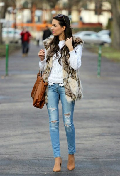 white knitted sweater with brown-black printed faux fur vest
