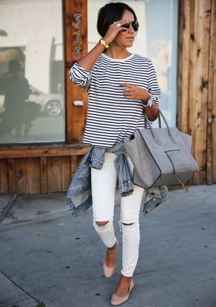 black and white striped t-shirt with denim jacket