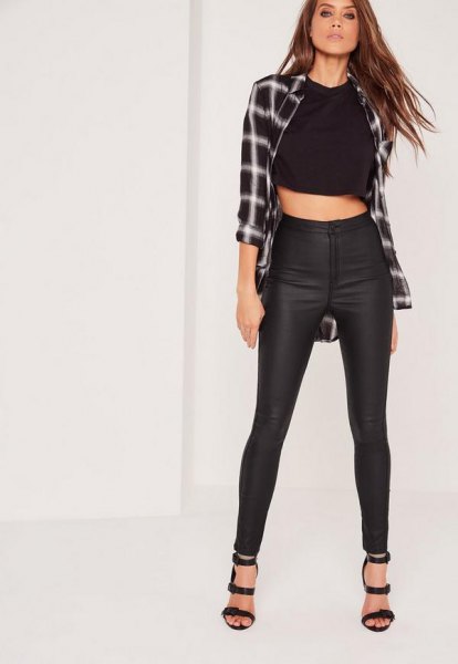 checkered boyfriend shirt with shortened t-shirt and black, high waisted, waxed skinny jeans