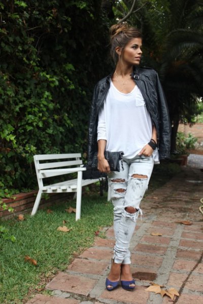 black leather jacket with white long-sleeved linen t-shirt