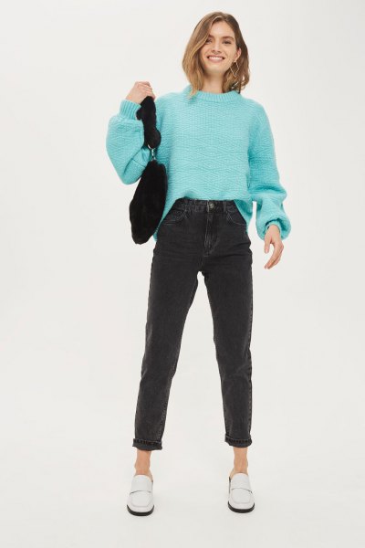 sky blue knit sweater with mock neck knit and black mom jeans