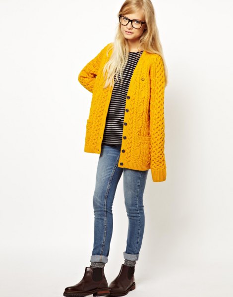 Lemon yellow cardigan with a striped T-shirt and gray jeans