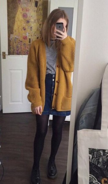 Mustard yellow, ribbed, thick cardigan sweater with black and white striped T-shirt