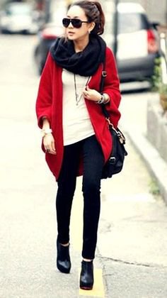 oversized cardigan with black infinity scarf and cream-colored top