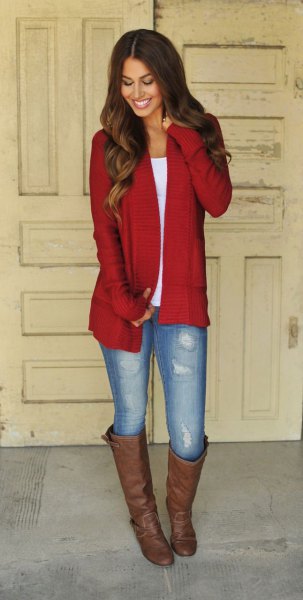 red longline cardigan with white scoop t-shirt and brown knee-high boots