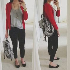 red sweater with gray t-shirt with a scoop neck and black, short jeans
