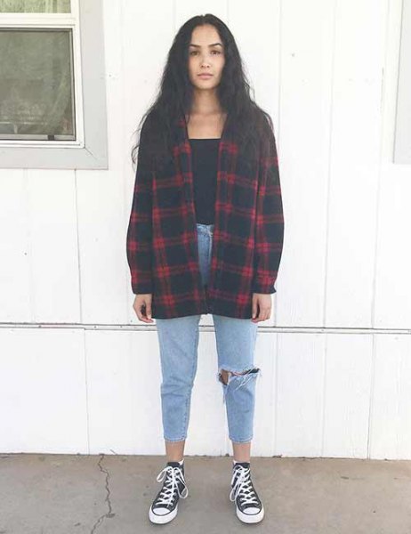 red and black oversized checkered flannel shirt with canvas sneakers