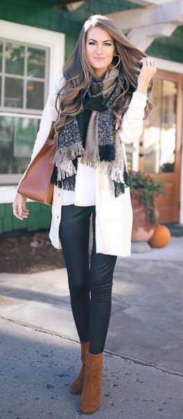 checkered fringed scarf with white blouse and cardigan