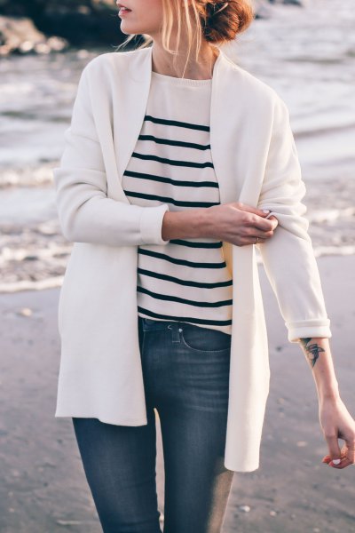 Cardigan with white and black striped knitted sweater