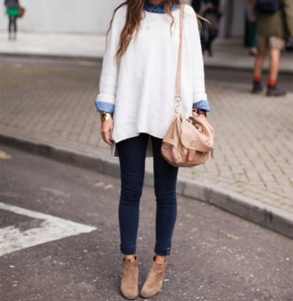 white, chunky, oversized sweater with light blue chambray shirt with buttons
