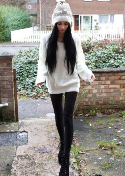 oversized sweater with white knitted hat and leggings