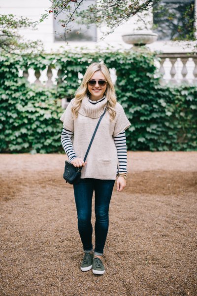 Light pink short sleeve sweater with black and white striped T-shirt