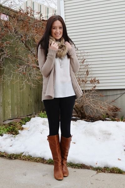 light brown cardigan with white blouse with faux fur scarf