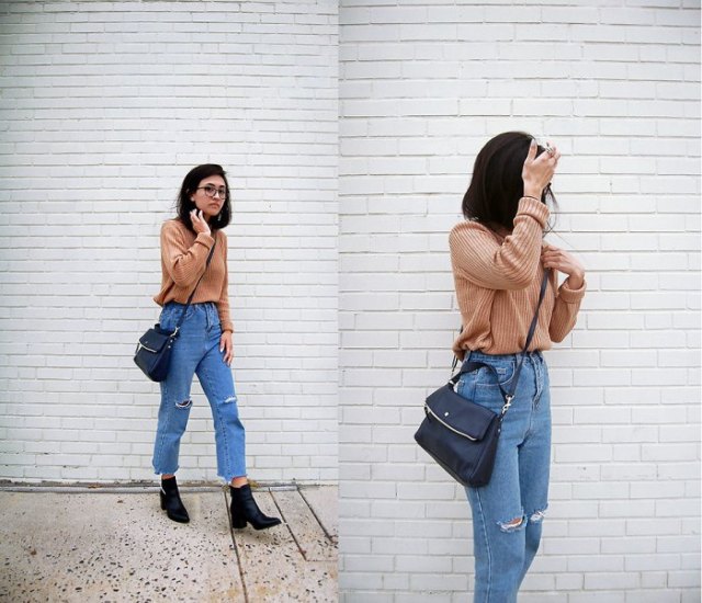 Light brown rib sweater with blue mom jeans