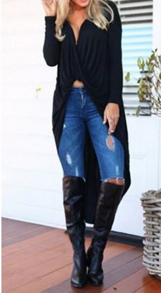 black maxi cardigan sweater with low-cut crop top and over-the-knee boots