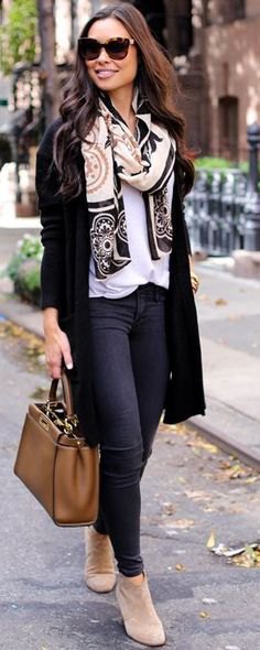 white t-shirt with tribal print scarf and dark skinny jeans
